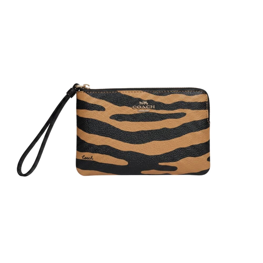 COACH Tiger Print Corner Zip Wristlet Canvas Leather Honey Black Gold NWT